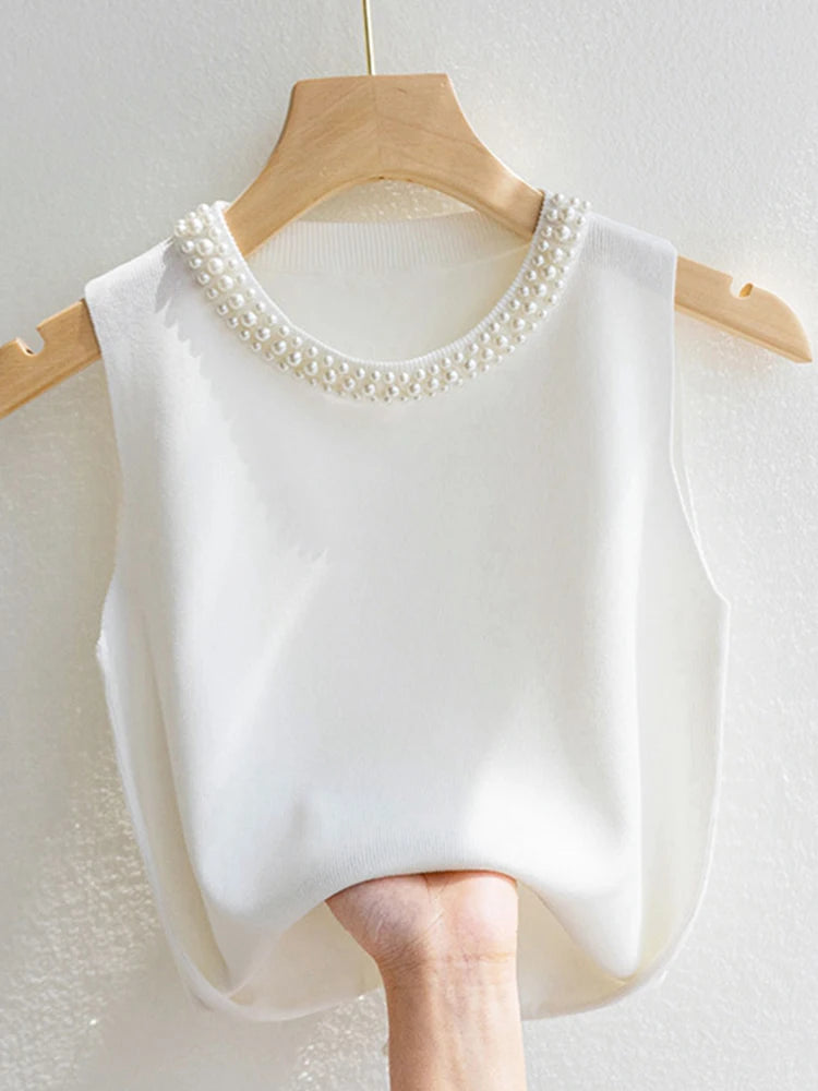 Knitted Vests Women Top Solid Tank Blusas Mujer De Moda Summer New Fashion Female Sleeveless Beading Casual Thin Tops