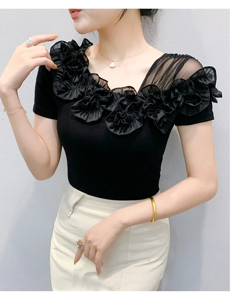 Summer Cotton T-shirts Chic Asymmetric Neckline Off-Shoulder Ruffle Trim Slim Fit Tee Exclusive Boutique Women's Casual Top