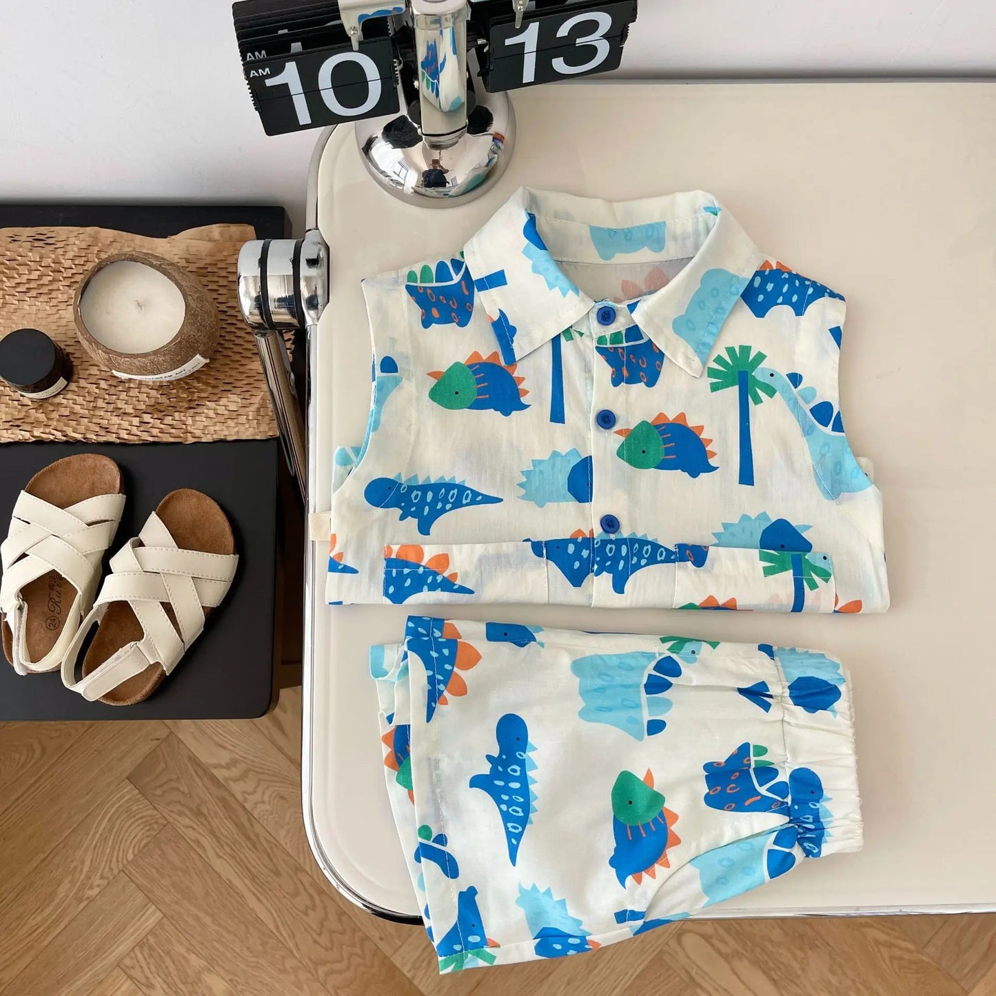 Kids Fashion 2-Piece Summer Beach Clothes Set for Toddler Boys Sleeveless Print Top Shirt+Shorts