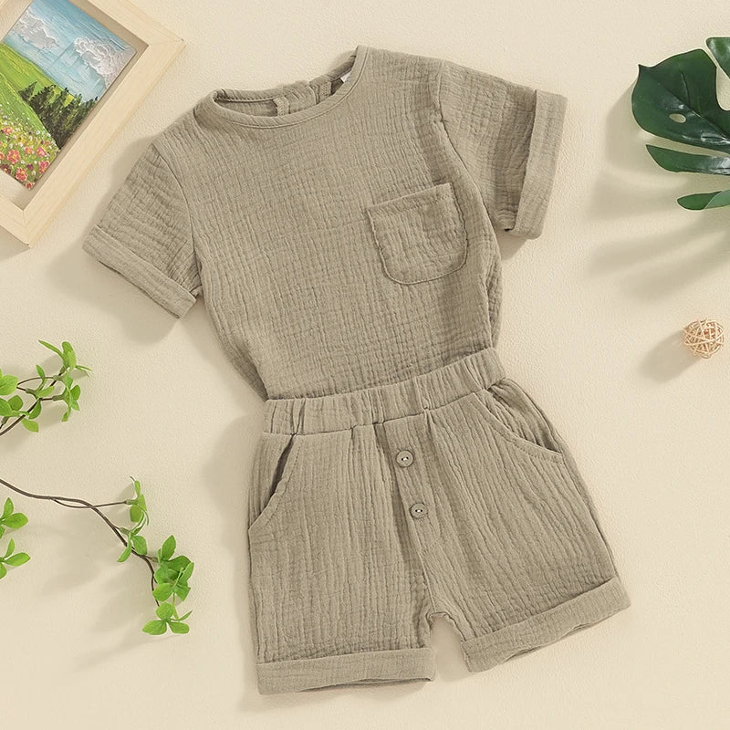 Newborn Baby Boys Summer Clothes Sets Solid Cotton Linen Pocket Short Sleeve T-shirts+Button Pocket Shorts Beach Casual Outfits