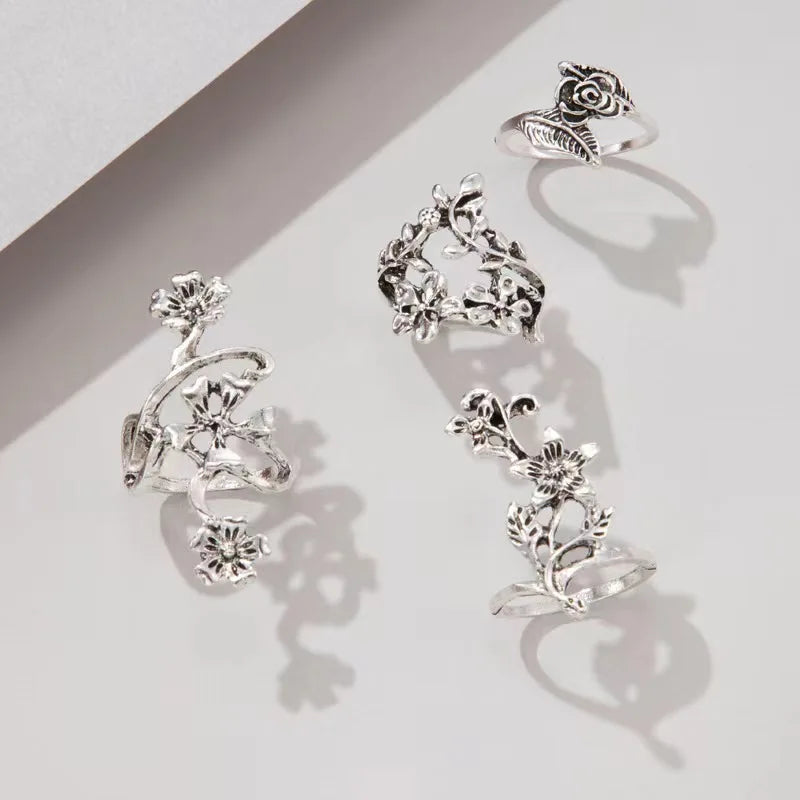 4PCS/Set Forest Vine Leaf Flower Ring Vintage Punk Antique Carved Midi Finger Ring Women Bohemian Rings