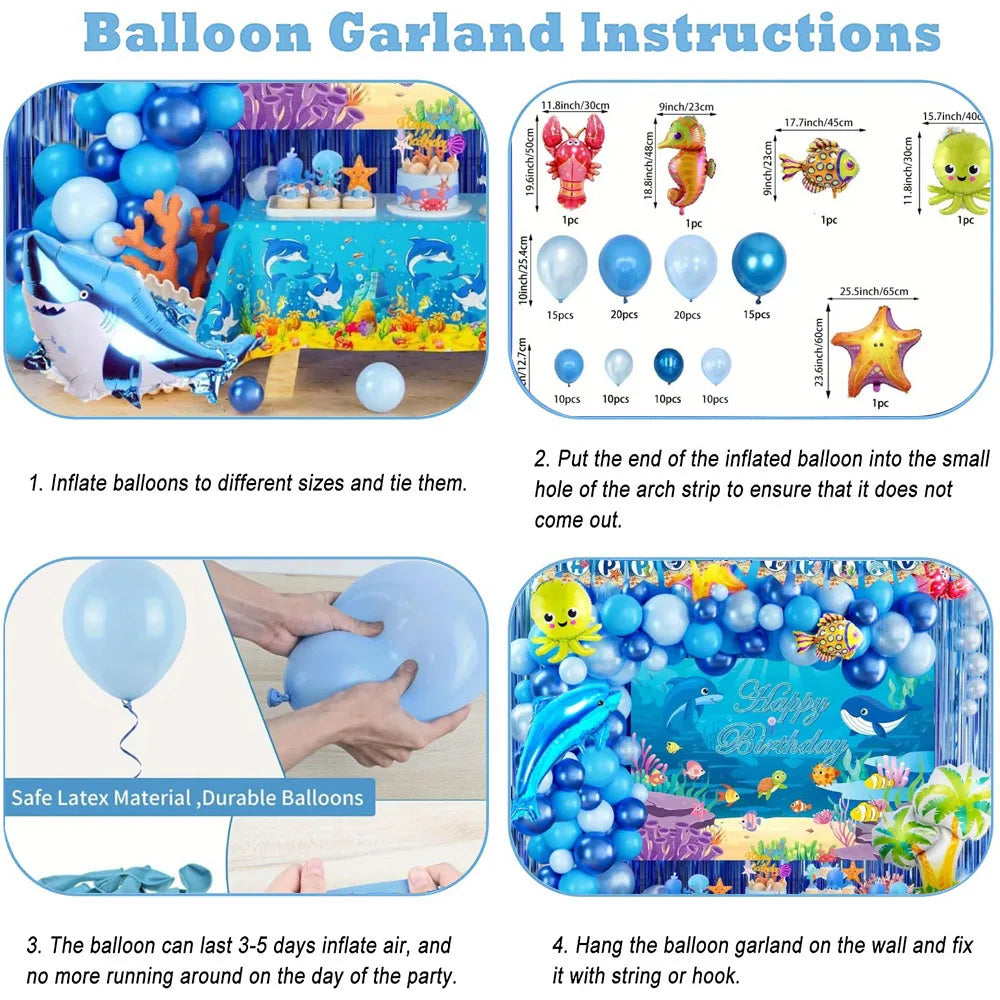 120pcs Ocean Themed Balloon Set, Blue Balloons and Marine Animals As Birthday Parties and Summer Outdoor Beach Decorations