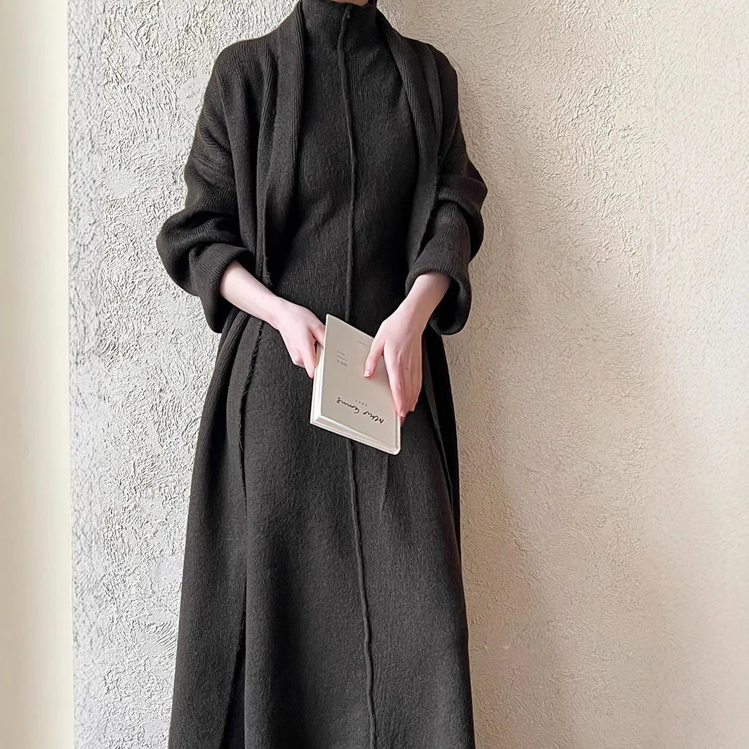 Women Two Pieces Dress Sets Knitted Sweater Matching Suits Sleeveless Long Dress Lengthy Cardigan Casual Y2k Elegant Autumn