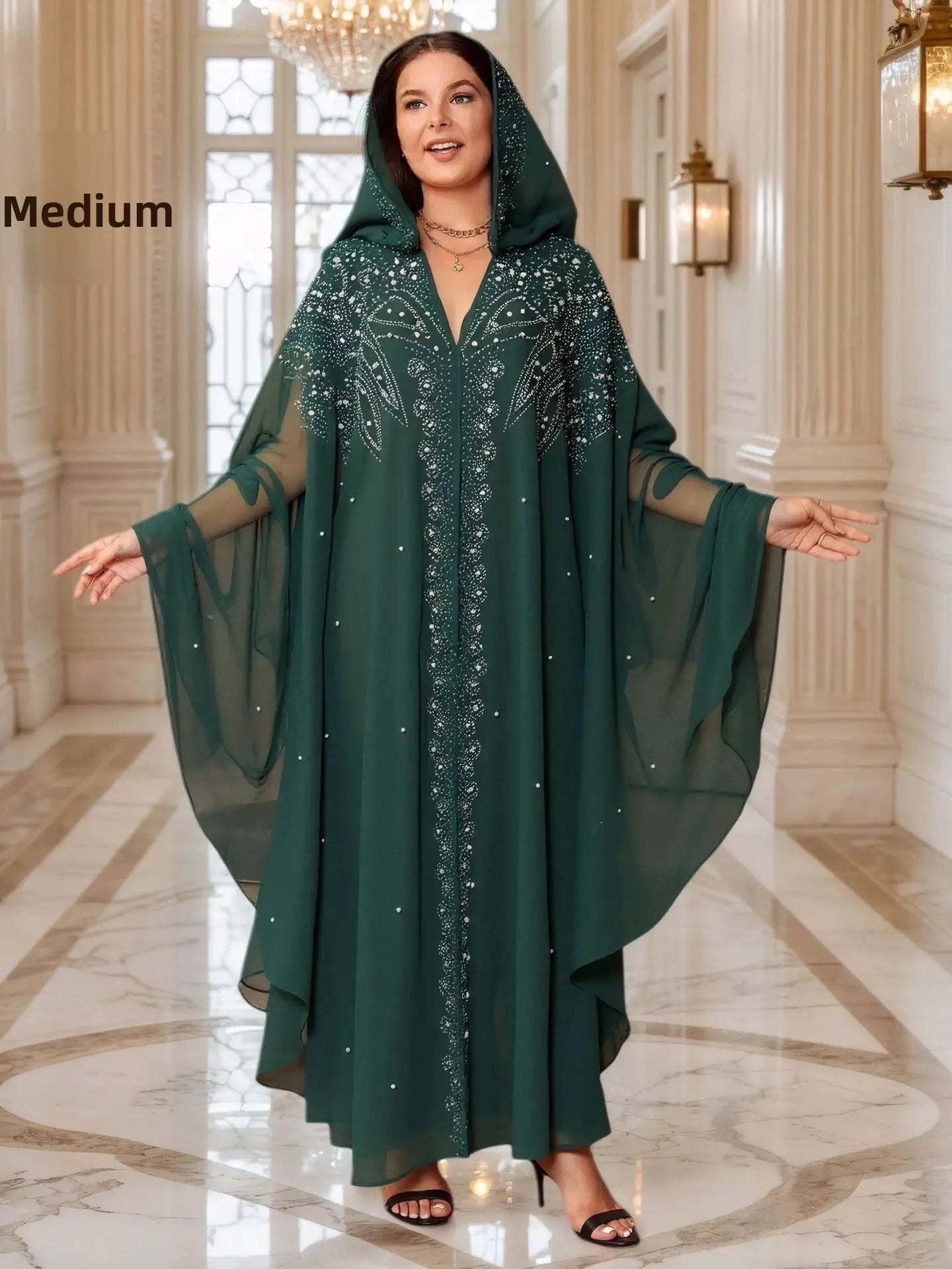 Muslim Long Robe Dubai Bead Abaya Hooded Cloak Shoulder with Hat Middle East Muslim Women's Fashion Outerwear