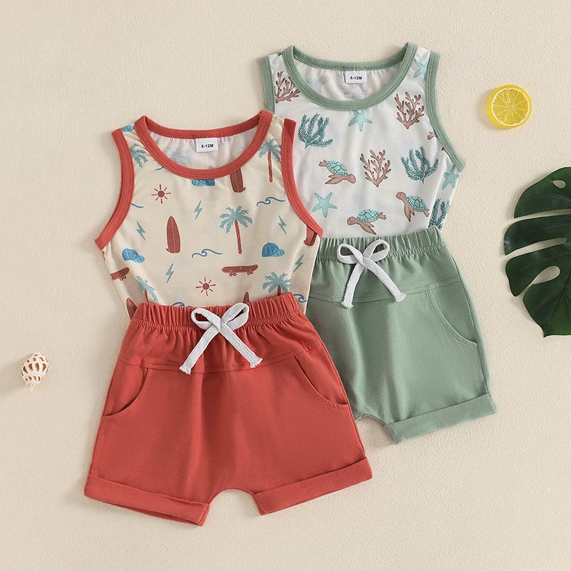 Infant Toddler Boy Summer Clothes Sleeveless Pattern Print Tank Vest Top Solid Jogger Shorts Set Beach Outfit