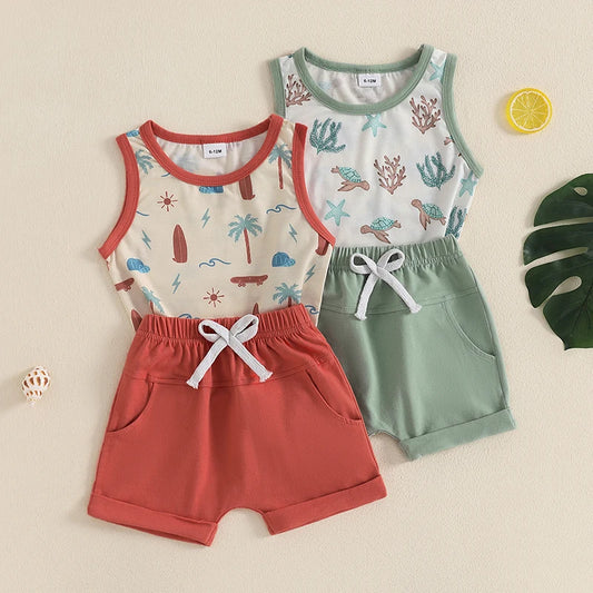 Infant Toddler Boy Summer Clothes Sleeveless Pattern Print Tank Vest Top Solid Jogger Shorts Set Beach Outfit