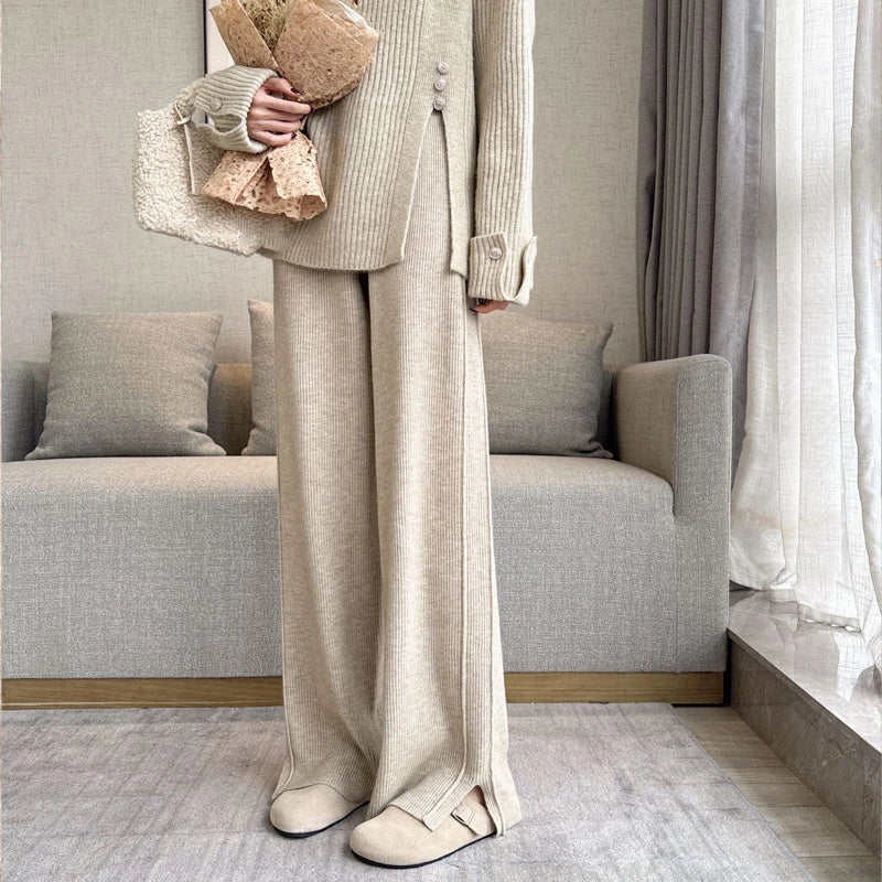 REALEFT Autumn Winter 2 Pieces Women's Sets Knitted Tracksuit Button O-Neck Split Sweater and Straight Jogging Pants Suit