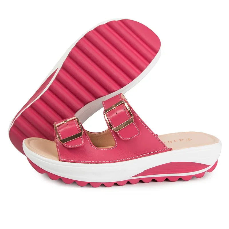 Summer Women Wedge Sandals Belt Buckle Open Toe Vintage Anti-slip Casual Female Slippers Platform Shoes Ladies Loafers