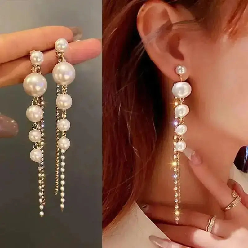 925 Silver Needle Korean Fashion Pearl Tassel Earrings For Women Jewelry Trending New Luxury Women's Zircon Pearl Earrings