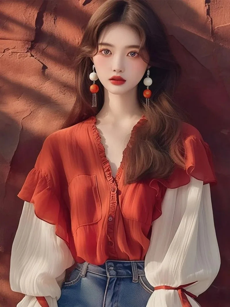 Chiffon Vintage Women's Shirts Spring/summer New Patchwork Women Shirts Loose Long Sleeves Tops Fashion Korean Clothing Sales
