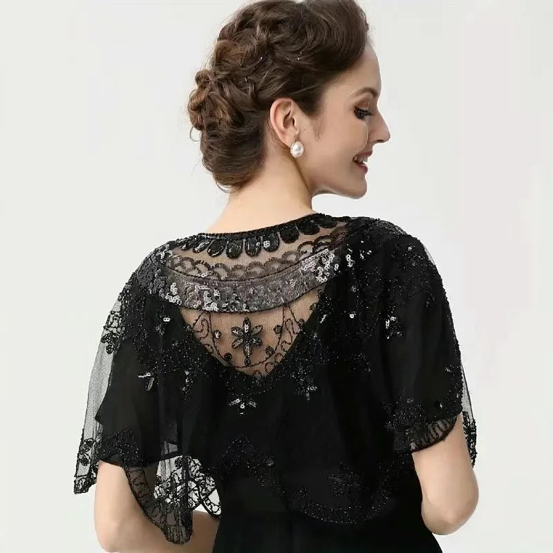 Elegant Baroque Sequin Embroidery Shawl - 1920s Flapper Party Cover Up - Solid Color & Breathable Mesh