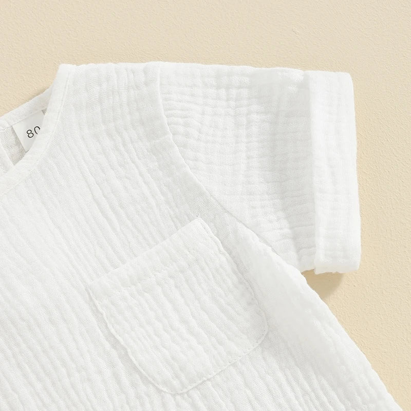 Newborn Baby Boys Summer Clothes Sets Solid Cotton Linen Pocket Short Sleeve T-shirts+Button Pocket Shorts Beach Casual Outfits