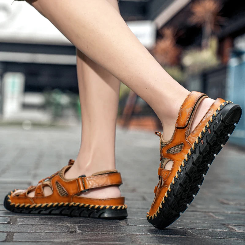 Handmade Summer Sandals Men Breathable Leather Shoes Man Retro Outdoor Men Sandals Antiskid Beach Sandals Hollow Shoes Footwear