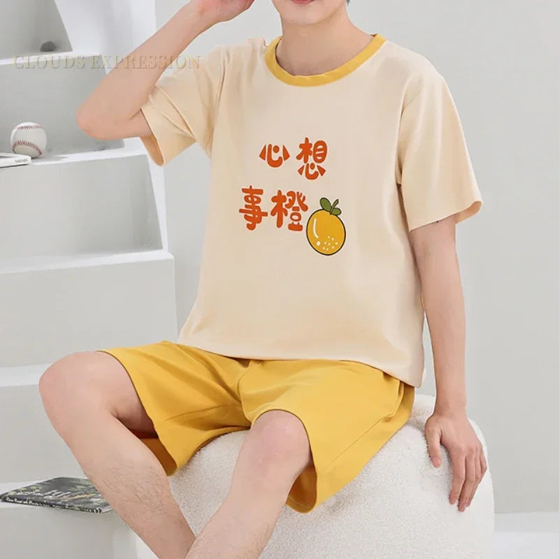 Summer 4XL Knitted Cotton Short Sleeved Men's Pajamas Sets Male Pajama Set Plaid Pajama For Men Sleepwear Suit Homewear mon