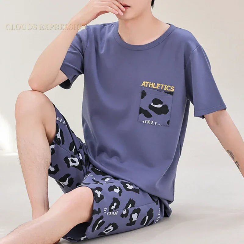 Summer 4XL Knitted Cotton Short Sleeved Men's Pajamas Sets Male Pajama Set Plaid Pajama For Men Sleepwear Suit Homewear mon
