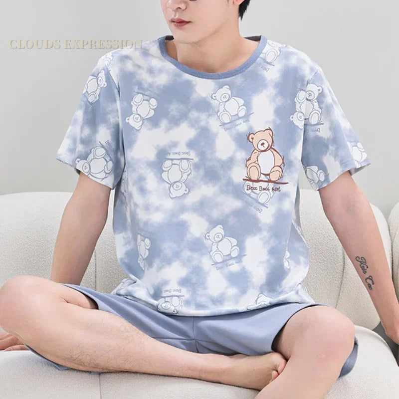 Summer 4XL Knitted Cotton Short Sleeved Men's Pajamas Sets Male Pajama Set Plaid Pajama For Men Sleepwear Suit Homewear mon