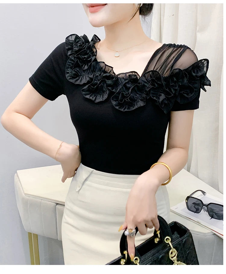 Summer Cotton T-shirts Chic Asymmetric Neckline Off-Shoulder Ruffle Trim Slim Fit Tee Exclusive Boutique Women's Casual Top