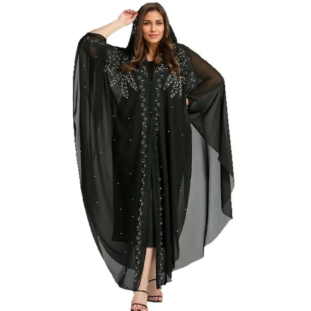 Muslim Long Robe Dubai Bead Abaya Hooded Cloak Shoulder with Hat Middle East Muslim Women's Fashion Outerwear
