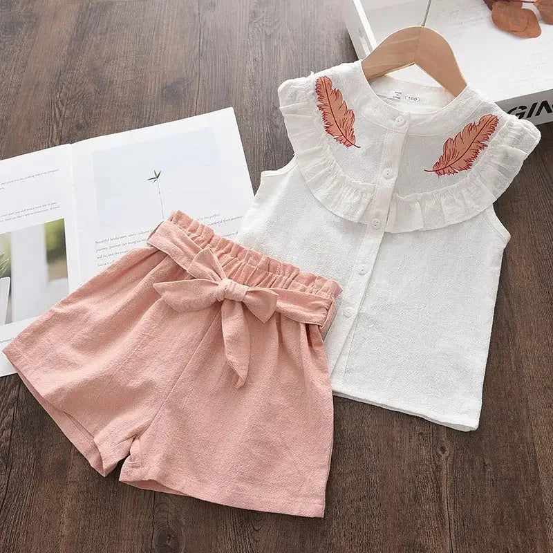 Bear Leader Girls' Clothing Set Summer New Casual Children's Embroidered Sleeveless Shirt + Shorts Set Girls' Baby Clothing