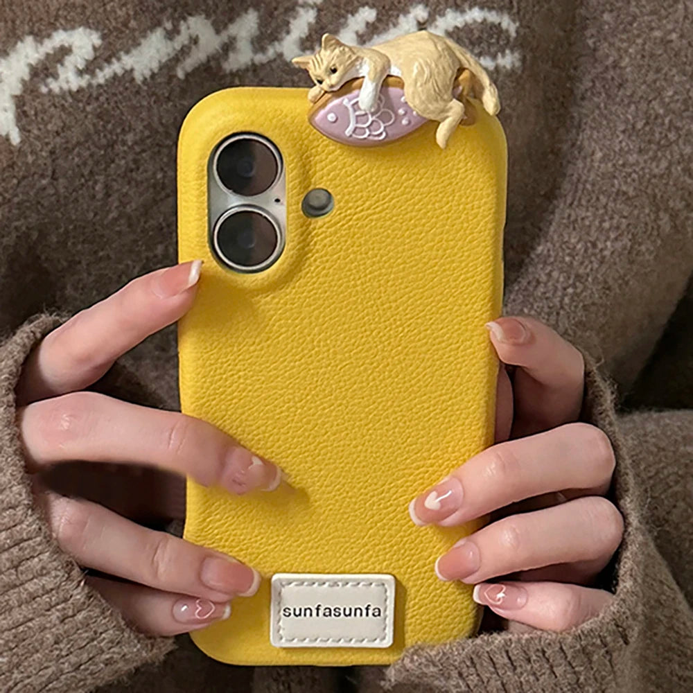 Korean Cute 3D Cat Phone Case For iPhone 16 15 14 13 11 12 Pro Max Plus X XR Lovely Kitten Soft Leather Silicone Cover Funda unique