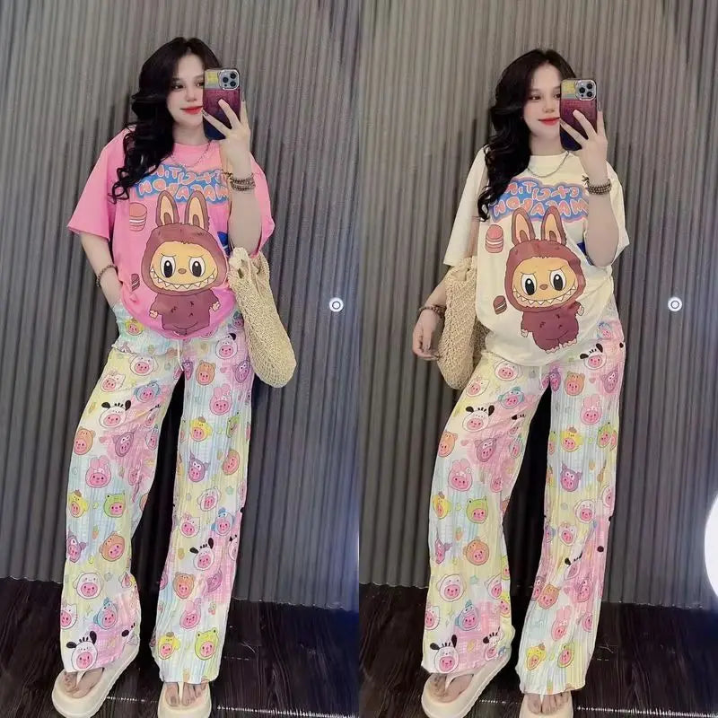 Labubu 2pcs Set Print T-Shirt And Pants Anime Cartoon Short Sleeved Shirt Casual Fashion Kawaii Cute Woman Outdoor Clothing Gift