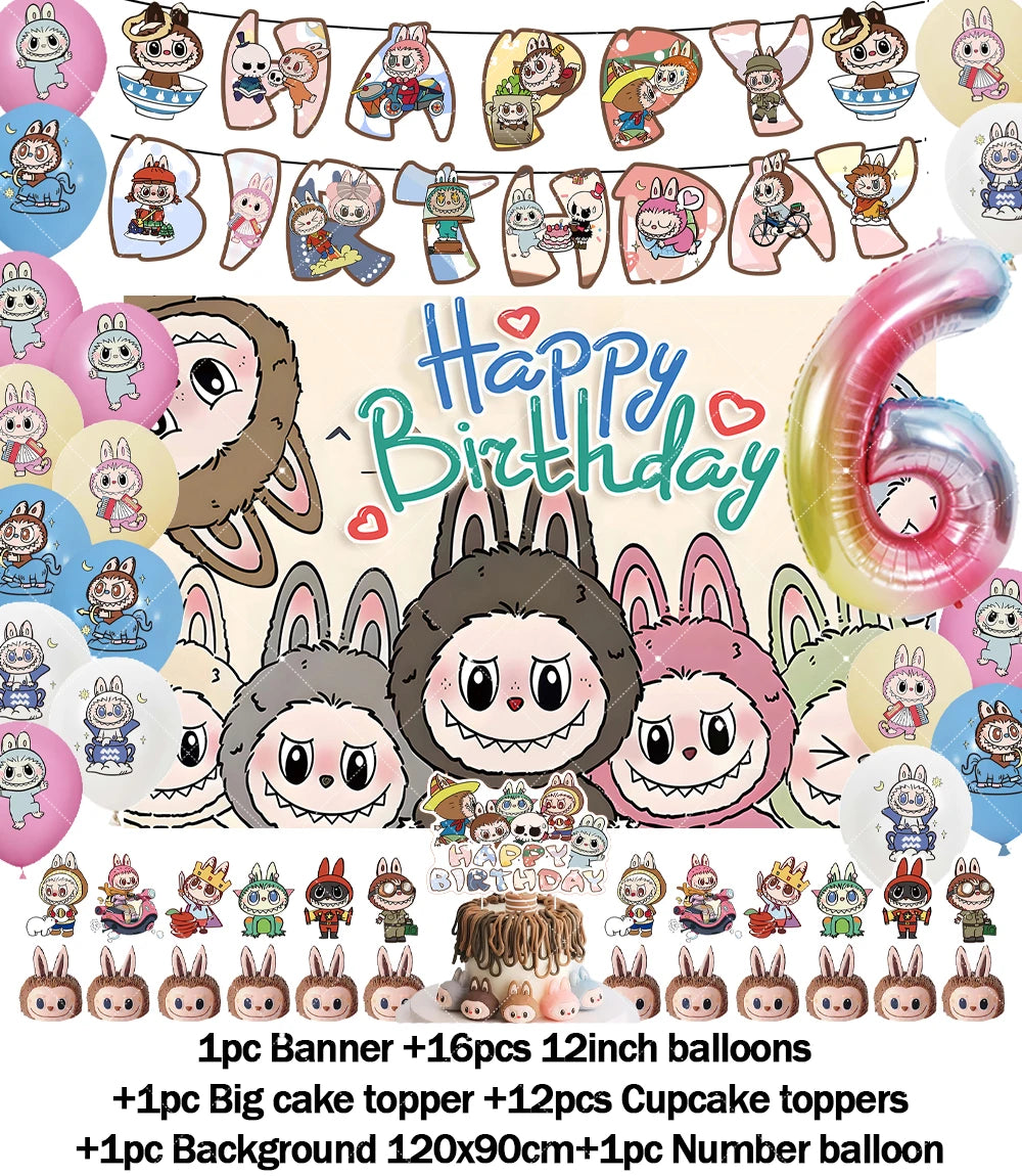 Cartoon LABUBU Theme Kids Birthday Party Banner Background Cake Topper Number Balloon Decoration Props Baby Party Supply Gifts