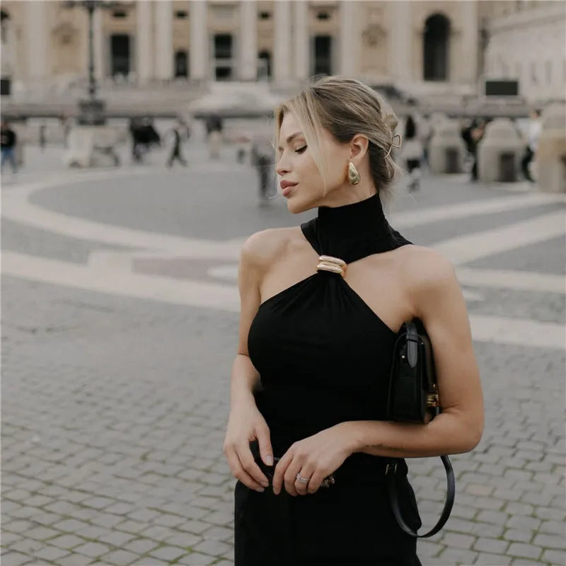 Mozision Turtleneck Basic Knit Tank Tops Women Vest Pullovers Metal Ring Camisole Sleeveless Skinny Knitted Tops Y2K Cropped Top