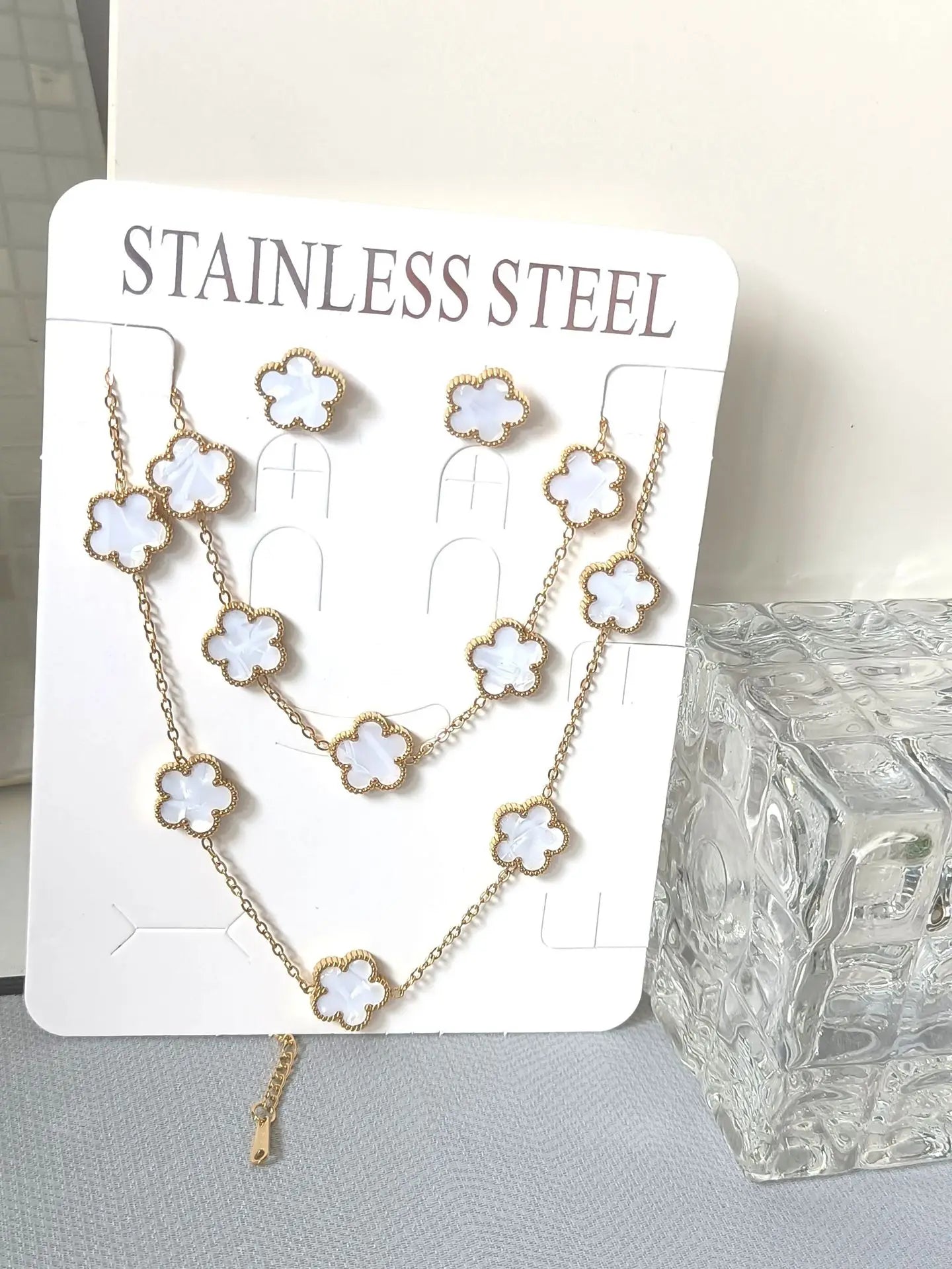 Hot Selling Stainless Steel Shell Plant Five Leaf Flower Set For Women's Jewelry Accessories Simple And Non Fading Clover Gift