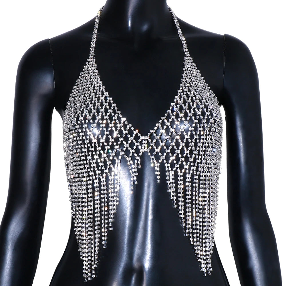Stonefans Mesh Harness Rhinestone Tassel Bra Chain Nightclub Clothing Hollow Festival Tops Crystal Body Jewelry for Women