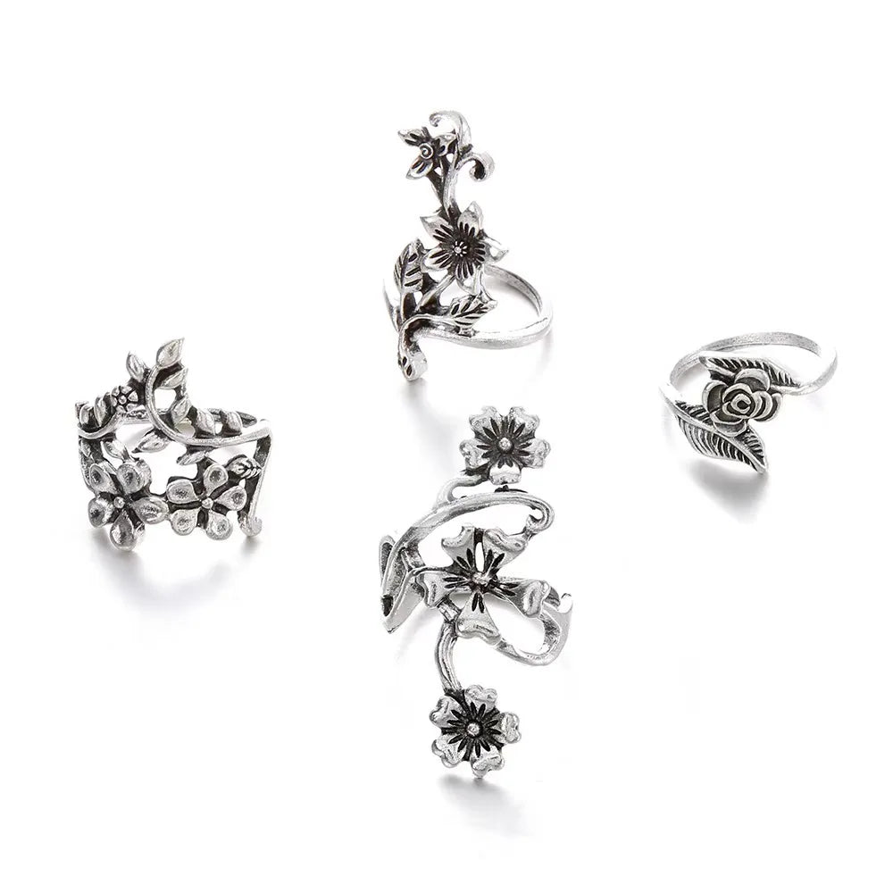 4PCS/Set Forest Vine Leaf Flower Ring Vintage Punk Antique Carved Midi Finger Ring Women Bohemian Rings
