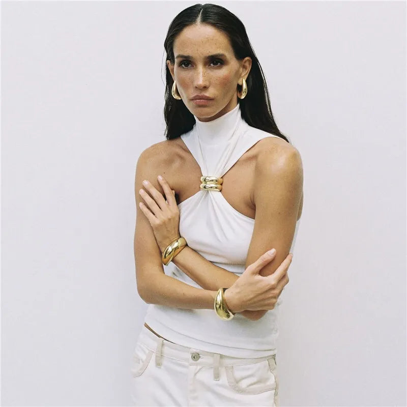 Mozision Turtleneck Basic Knit Tank Tops Women Vest Pullovers Metal Ring Camisole Sleeveless Skinny Knitted Tops Y2K Cropped Top