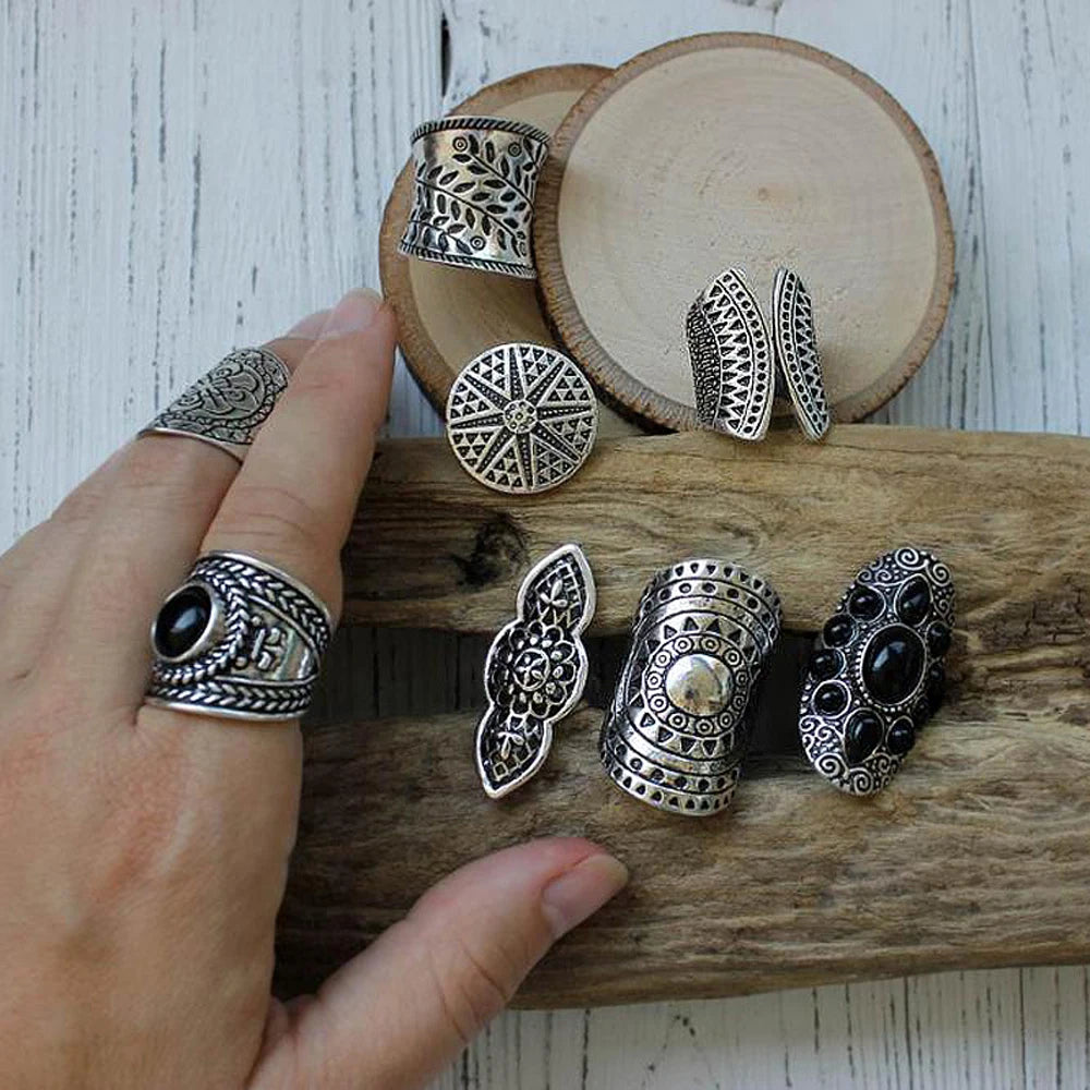 8 Pcs/Set Vintage Silvery Sun Geometric Pattern Engraved Ring for Women Men Boho Gypsy Afghan Ethnic Bride Wedding Rings Jewelry