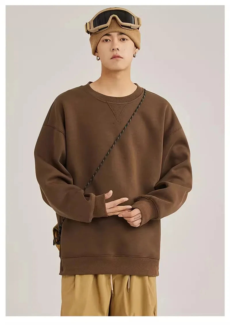 heavy cotton sweater men's autumn new loose and thick long-sleeved t-shirt solid color Japanese crew neck bottoming shirt mon