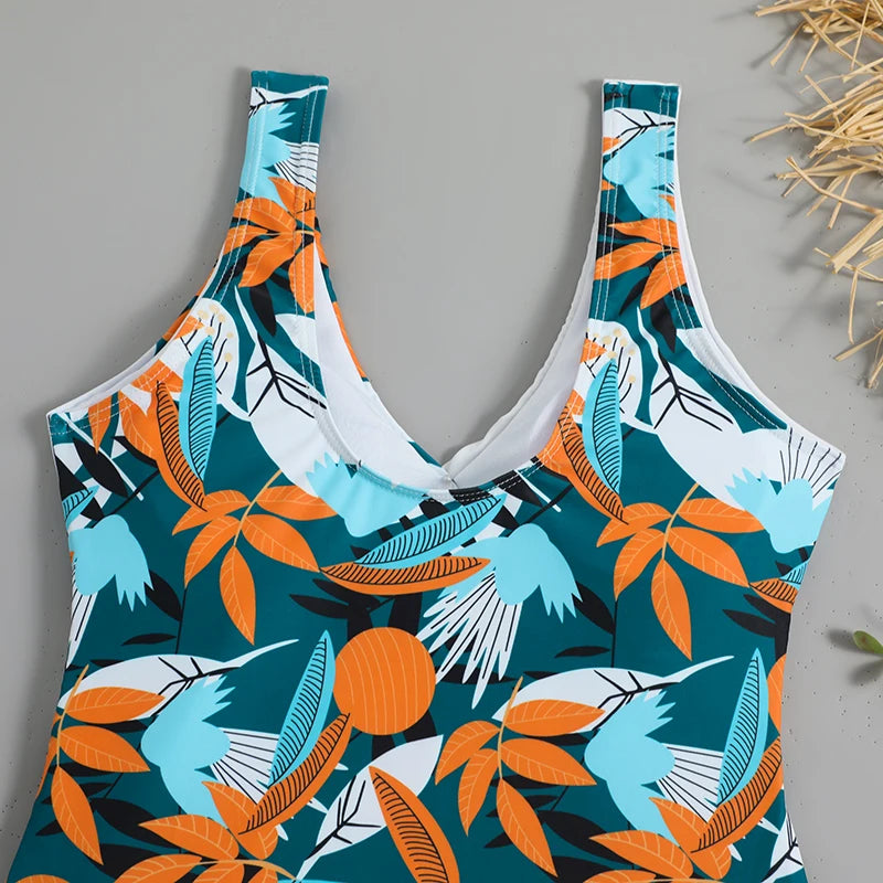 2025 Tropical Print Swimsuit One Piece Knot Side Belted Swimwear Women Padded Bathing Suit Female Swimming Summer Beachwear