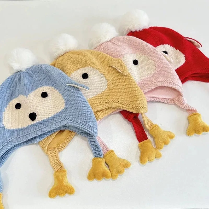 Kids Boys Girls Knitted Hats Winter Thick Warm Cute Cartoon Penguin Beanies Warm Ear Protection Cap for Children 0-4Years Baby
