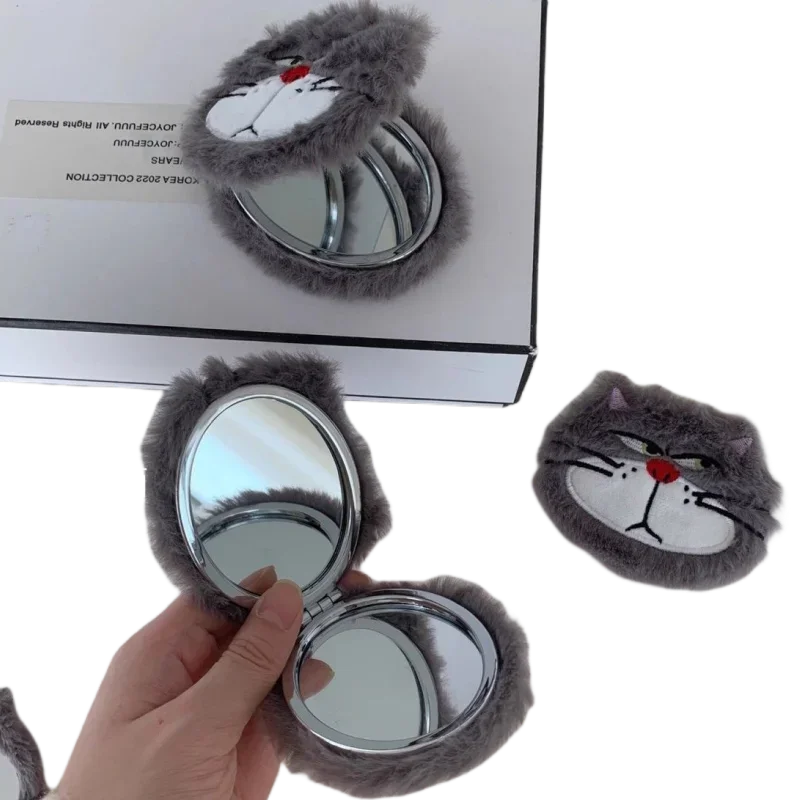 Lucifer Cat Boy and Girl Cartoon Cute Fun Creative Mini Portable Flip Double-Sided Foldable Plush Makeup Mirror for Students