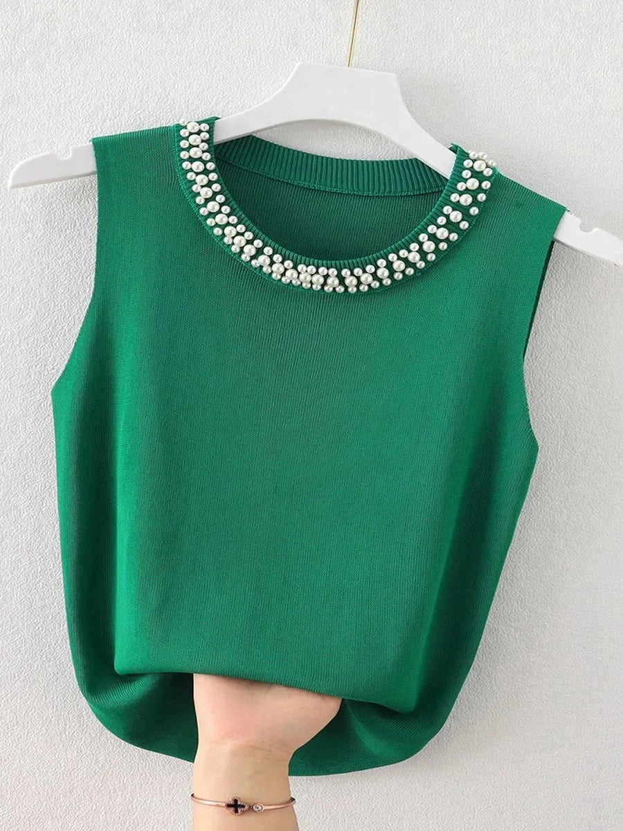 Knitted Vests Women Top Solid Tank Blusas Mujer De Moda Summer New Fashion Female Sleeveless Beading Casual Thin Tops