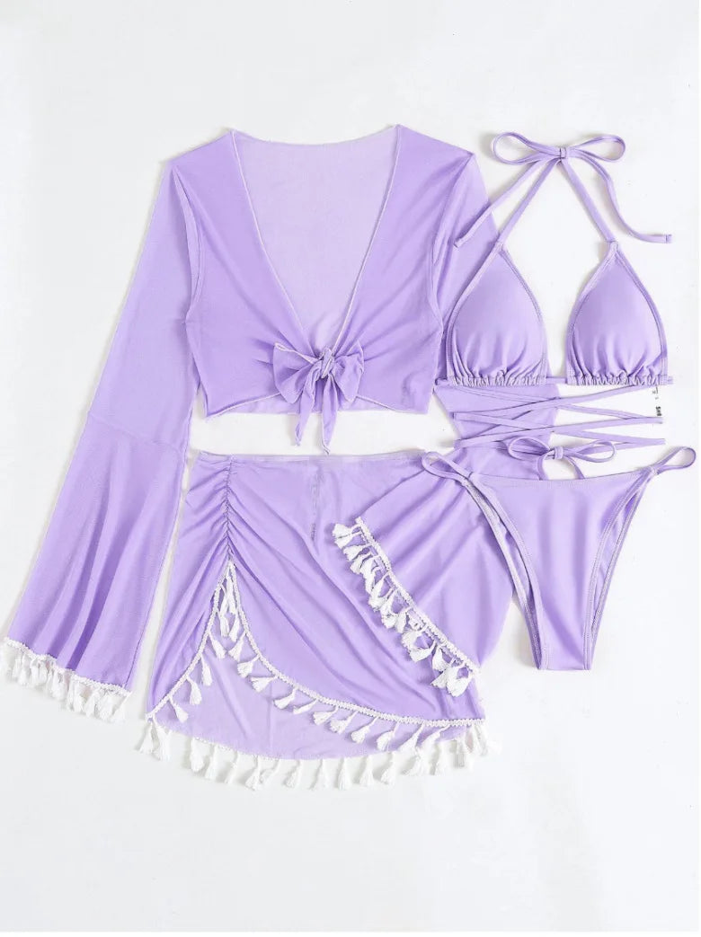 New Conservative Four Piece Solid Color Tassel Hoodie, Mesh Skirt, Bikini Swimsuit for Women