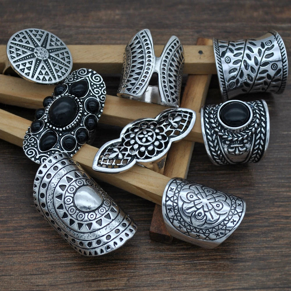 8 Pcs/Set Vintage Silvery Sun Geometric Pattern Engraved Ring for Women Men Boho Gypsy Afghan Ethnic Bride Wedding Rings Jewelry