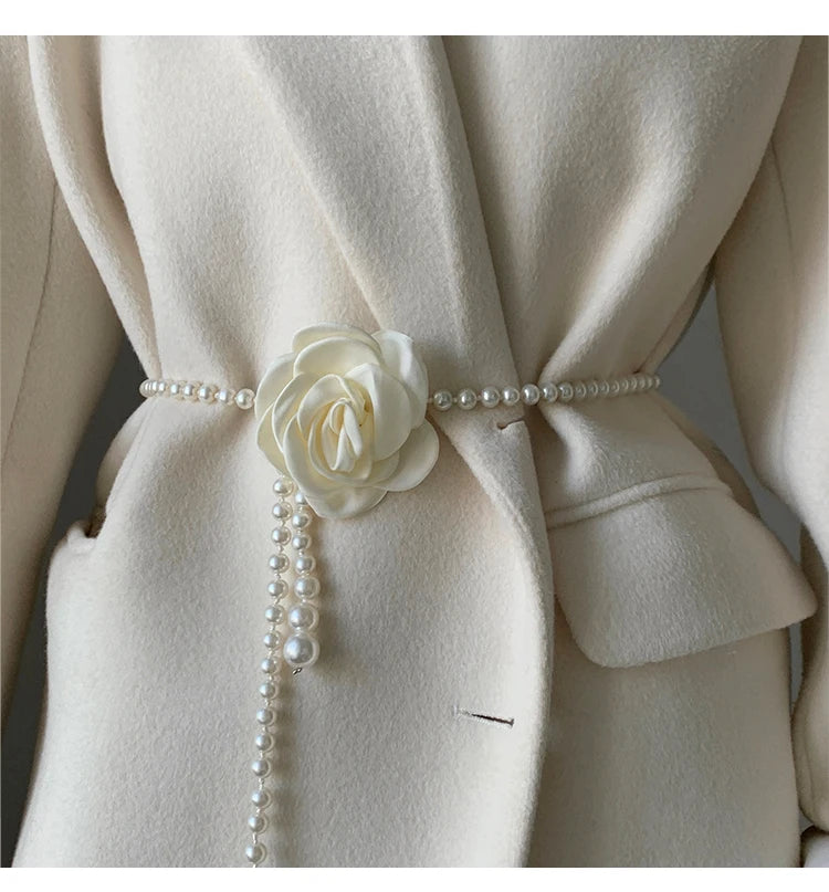 1pcs Pearl Waist Belt Women's New Style Camellia Decorative Versatile Waist Belt Matching Dress Coat Jacket Fashion Elegant Belt