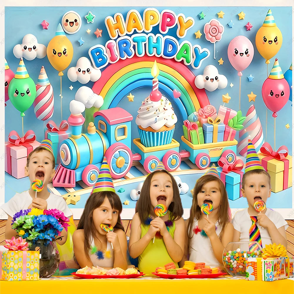 Colorful Happy Birthday Background 3d Balloons Rainbow Children Girl Birthday Party Decoration Banner Baby Party Photo Prop Gift