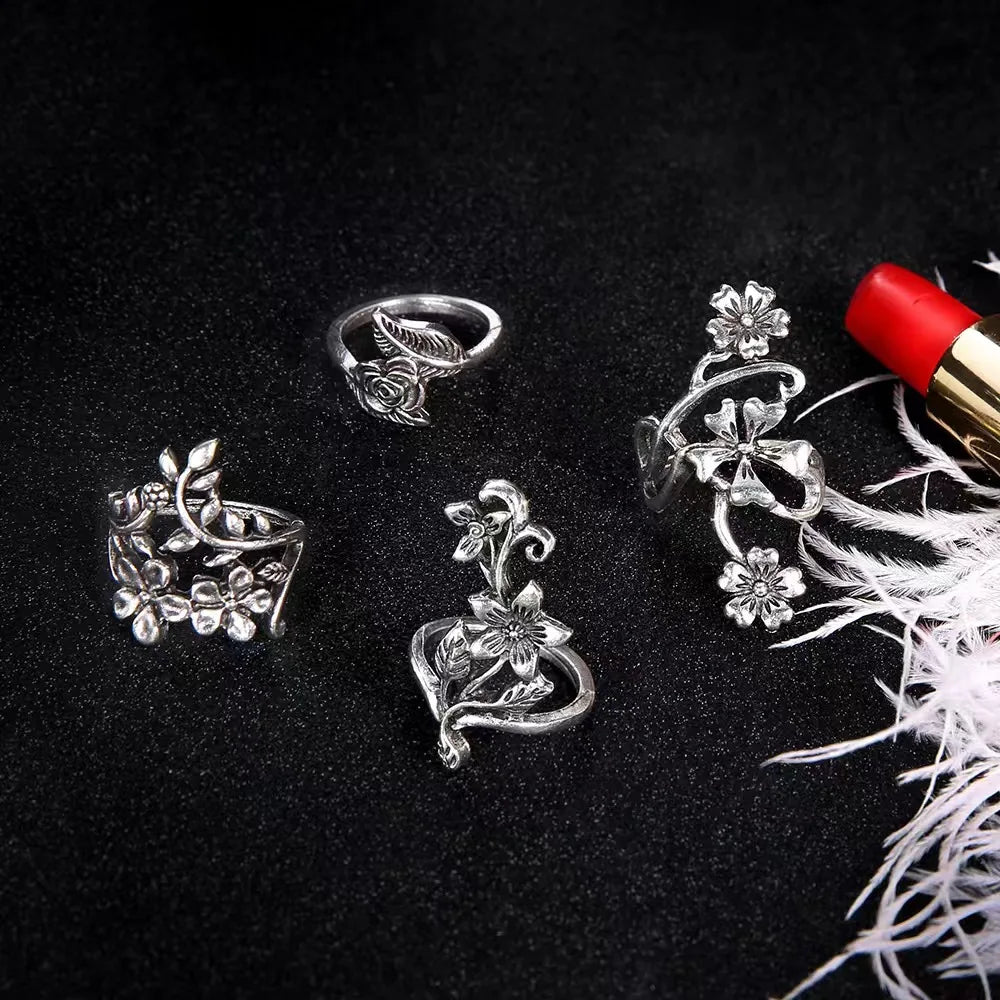 4PCS/Set Forest Vine Leaf Flower Ring Vintage Punk Antique Carved Midi Finger Ring Women Bohemian Rings