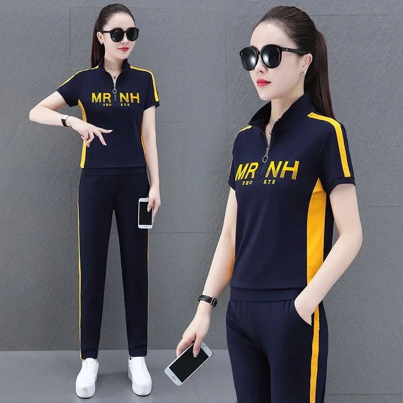 Fashionable Women's Sport Suit Summer New Style Slimming Casual 2-piece Set Age-reducing Running Clothes