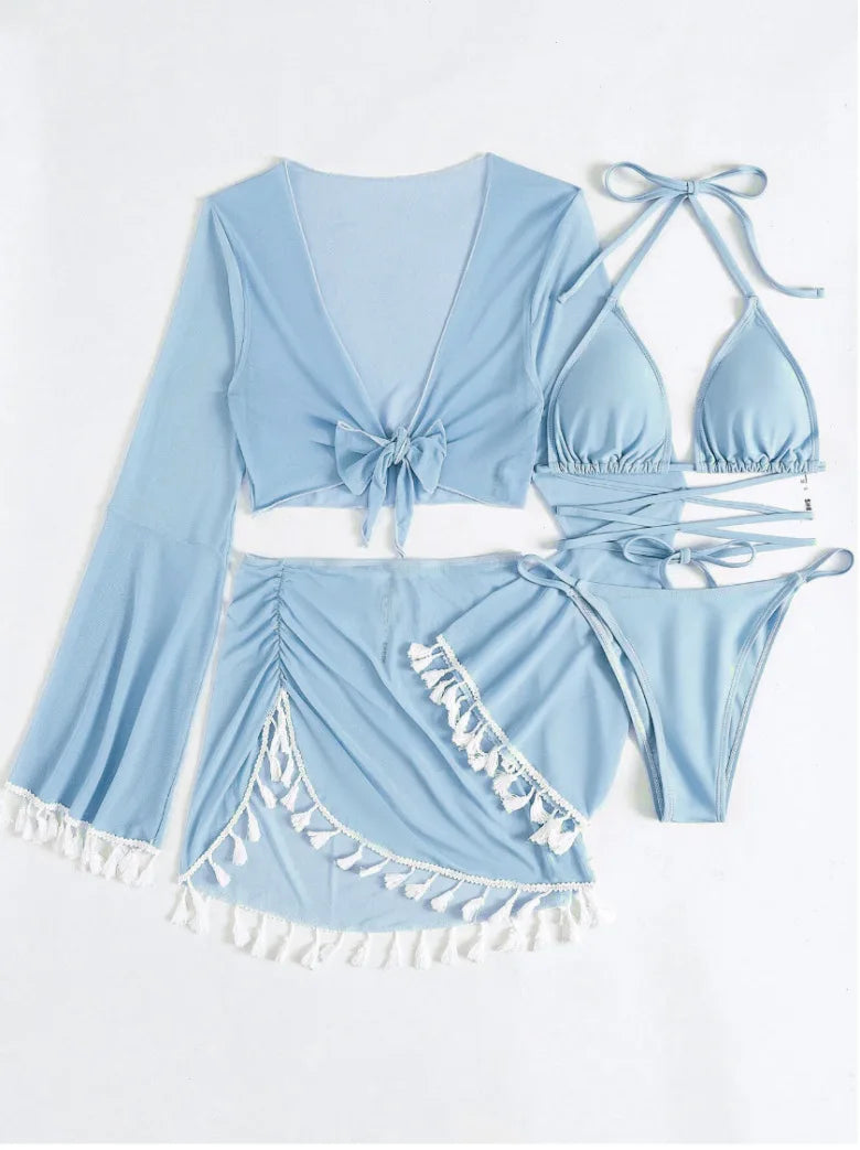 New Conservative Four Piece Solid Color Tassel Hoodie, Mesh Skirt, Bikini Swimsuit for Women