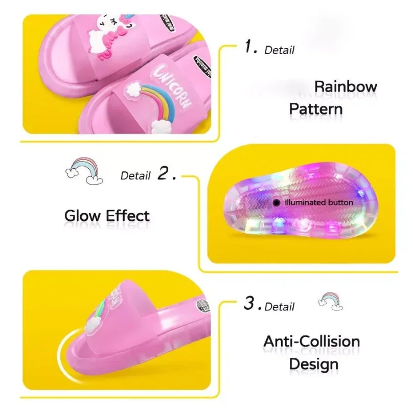 Kinder Hausschuhe für Jungen und Mädchen mit Cartoon-Einhorn-Motiv, mit Tier-Print, beleuchtet, modisch, niedlich, Schuhe, Badezimmer, Kinder, Kleinkinder, Hausschuhe, Kinderschuhe