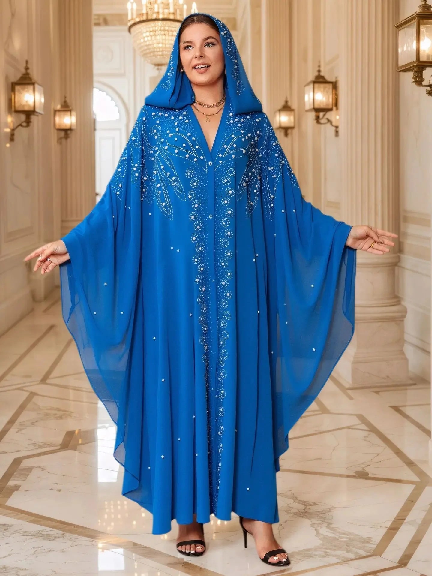 Muslim Long Robe Dubai Bead Abaya Hooded Cloak Shoulder with Hat Middle East Muslim Women's Fashion Outerwear