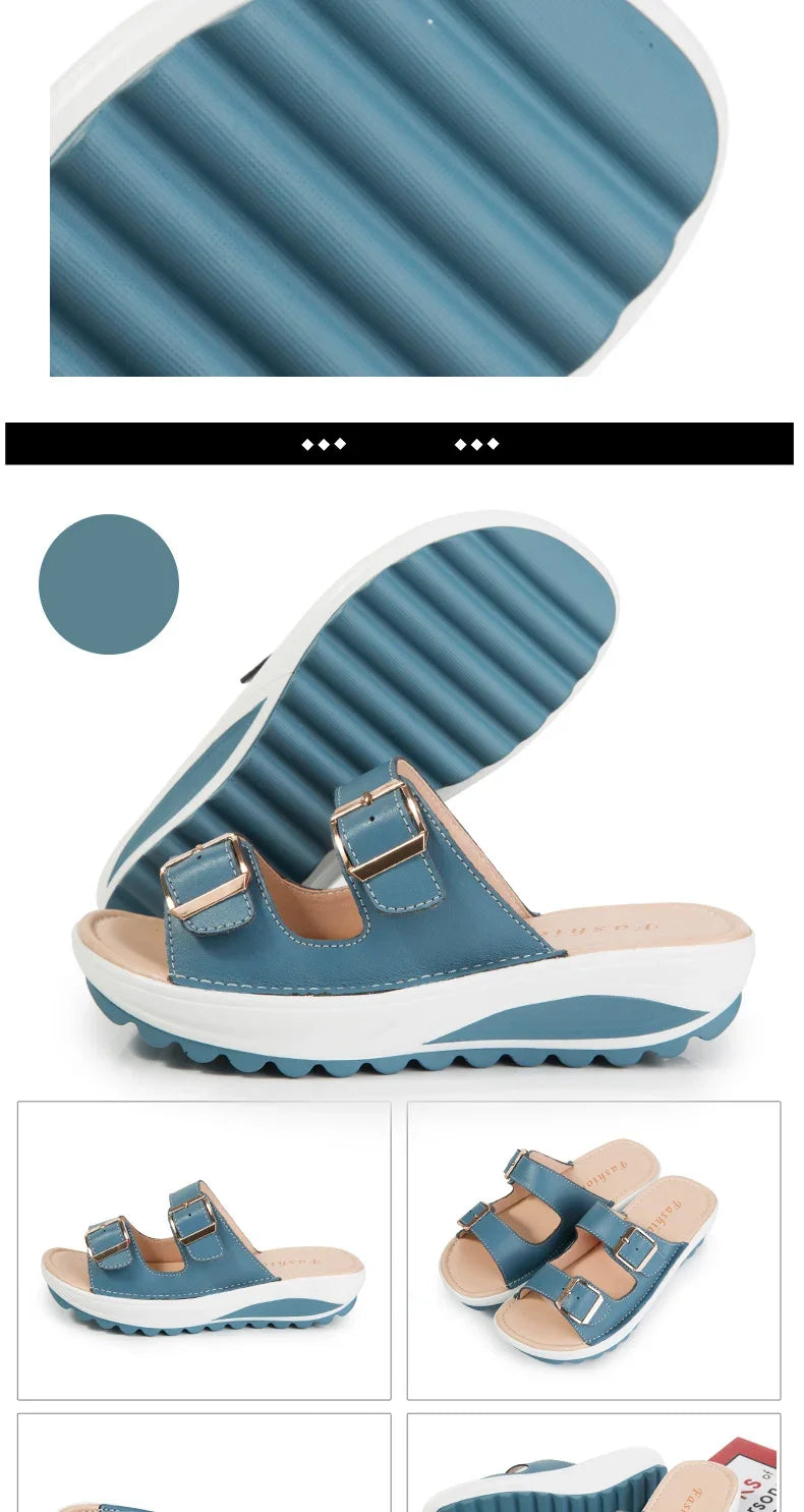 Summer Women Wedge Sandals Belt Buckle Open Toe Vintage Anti-slip Casual Female Slippers Platform Shoes Ladies Loafers