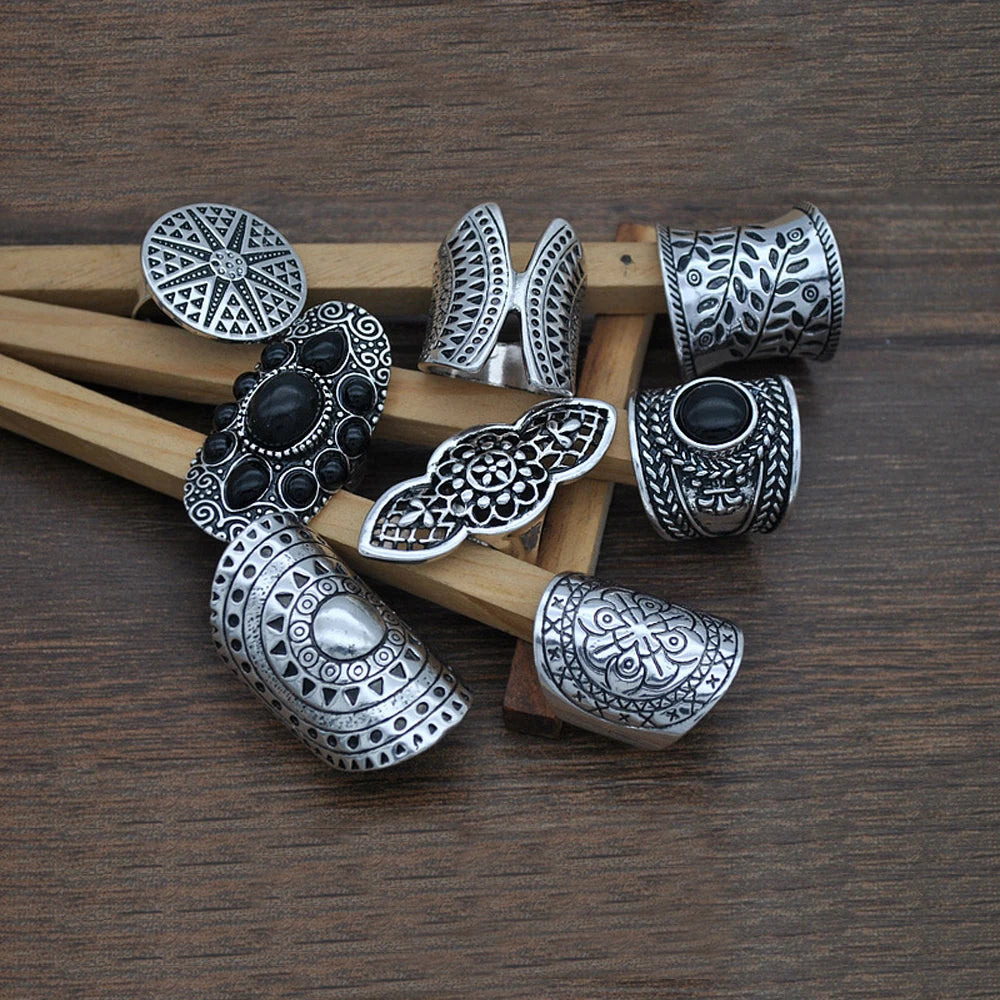 8 Pcs/Set Vintage Silvery Sun Geometric Pattern Engraved Ring for Women Men Boho Gypsy Afghan Ethnic Bride Wedding Rings Jewelry