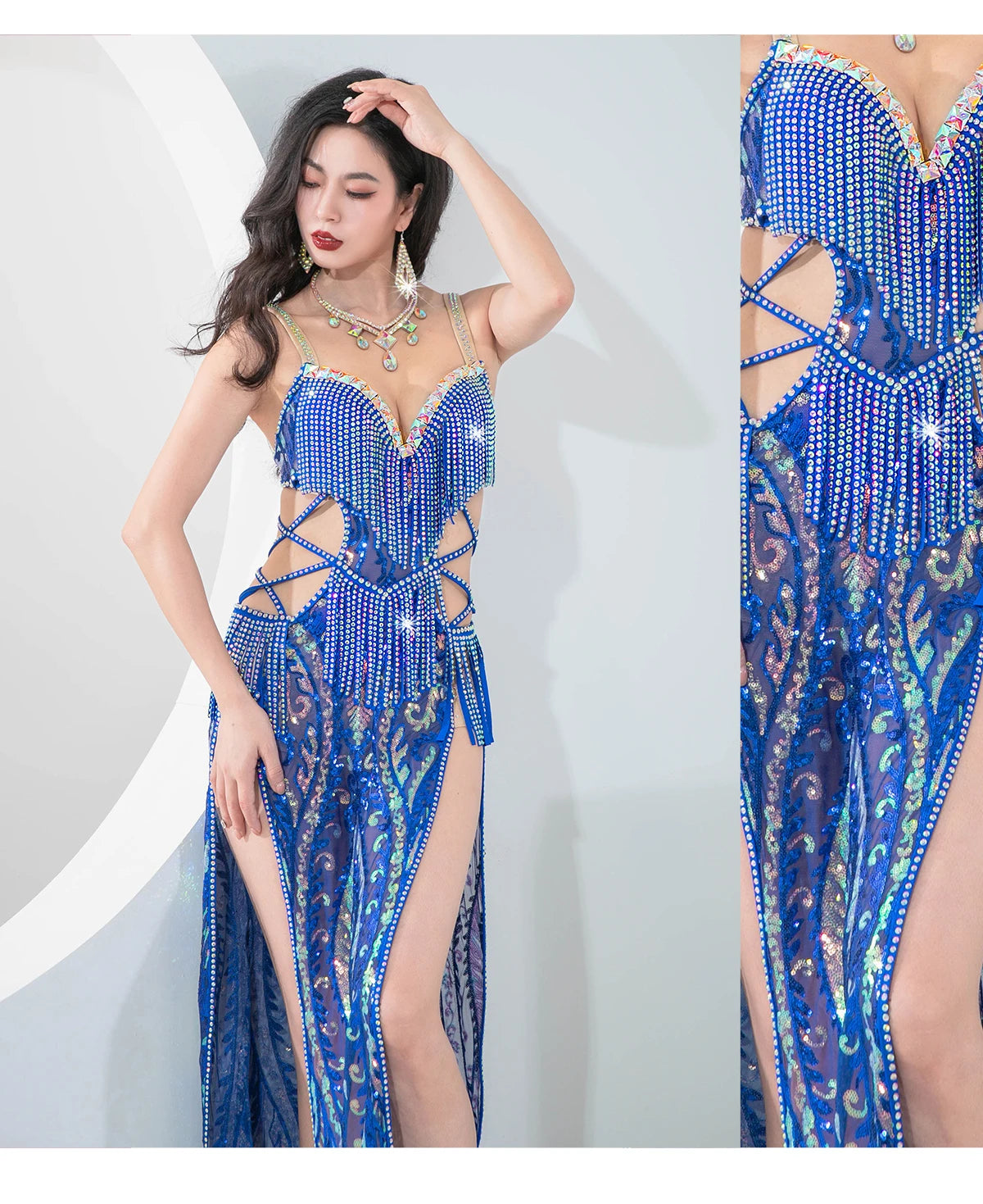Egyptian Belly Dance Costume BALADI Dress Competition Group Performance Set Embroider Long Maxi Dresses Brilliant Sequins Dress