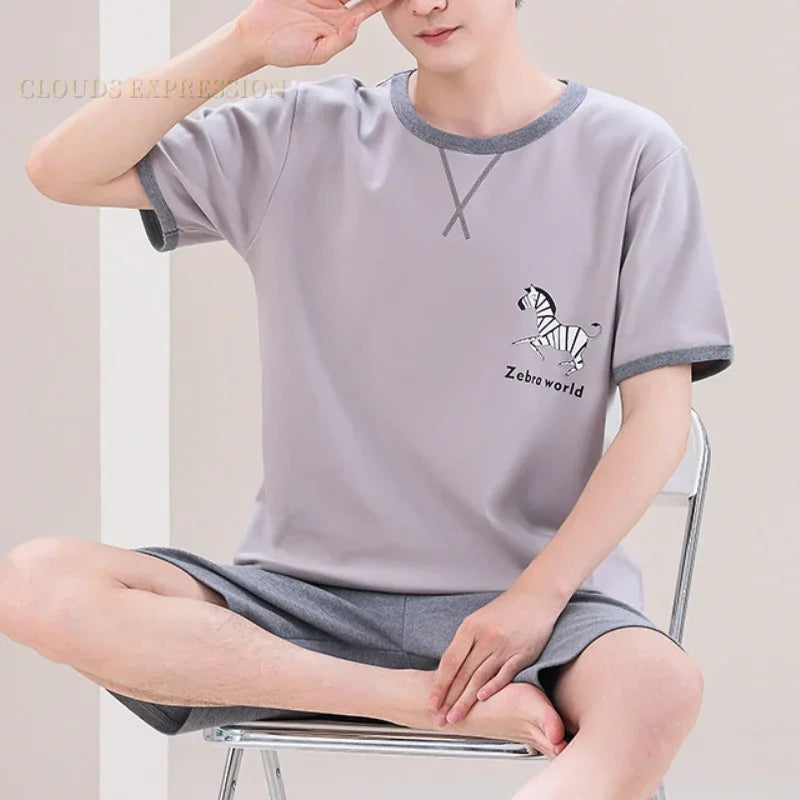 Summer 4XL Knitted Cotton Short Sleeved Men's Pajamas Sets Male Pajama Set Plaid Pajama For Men Sleepwear Suit Homewear mon
